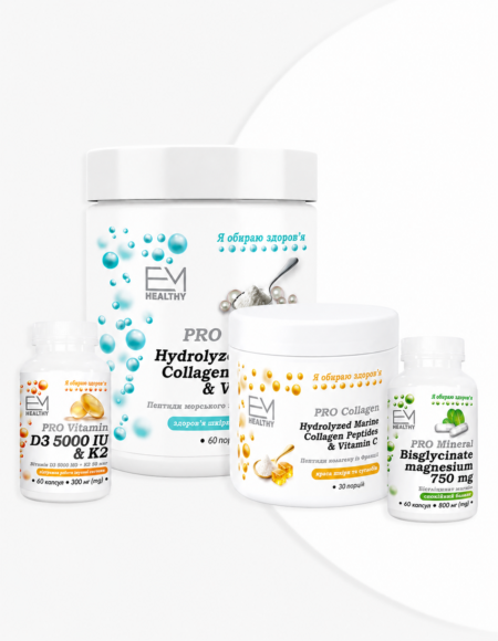 PRO life box: PRO Collagen hydrolyzed Bovine, PRO Marine Collagen hydrolyzed, PRO Mineral Magnesium 750 mg, PRO Vitamin D3 & K2